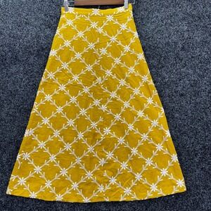 Zara Mustard Yellow Floral Embroidered Cotton Midi Skirt Womens XS A-Line Boho